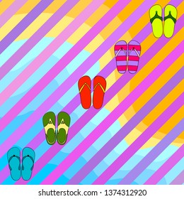 Vector set with cute and colorful summer slippers. Beach vacation. Vector background.