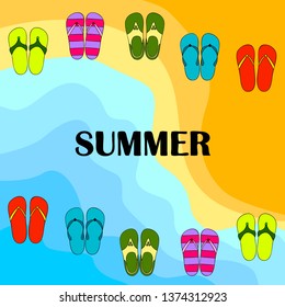 Vector set with cute and colorful summer slippers. Beach vacation. Vector background.
