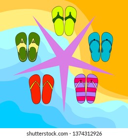 Vector set with cute and colorful summer slippers. Beach vacation. Vector background.