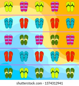 Vector set with cute and colorful summer slippers. Beach vacation. Vector background.
