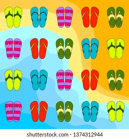 Vector set with cute and colorful summer slippers. Beach vacation. Vector background.