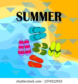 Vector set with cute and colorful summer slippers. Beach vacation. Vector background.