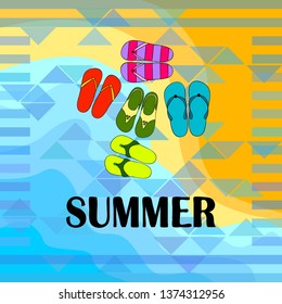 Vector set with cute and colorful summer slippers. Beach vacation. Vector background.