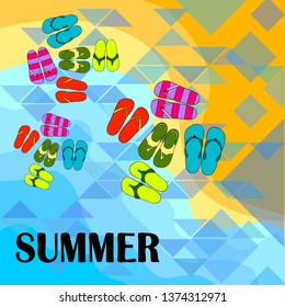 Vector set with cute and colorful summer slippers. Beach vacation. Vector background.