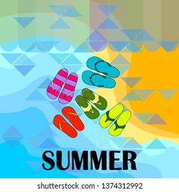 Vector set with cute and colorful summer slippers. Beach vacation. Vector background.