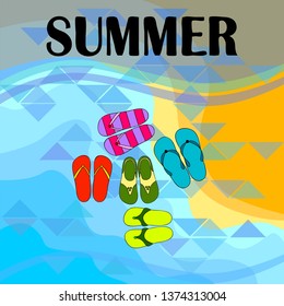 Vector set with cute and colorful summer slippers. Beach vacation. Vector background.
