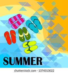 Vector set with cute and colorful summer slippers. Beach vacation. Vector background.