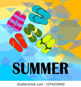 Vector set with cute and colorful summer slippers. Beach vacation. Vector background.