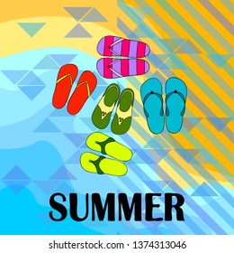 Vector set with cute and colorful summer slippers. Beach vacation. Vector background.