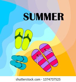 Vector set with cute and colorful summer slippers. Beach vacation. Vector background.