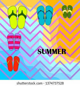 Vector set with cute and colorful summer slippers. Beach vacation. Vector background.