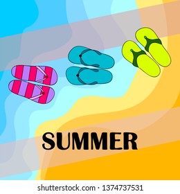 Vector set with cute and colorful summer slippers. Beach vacation. Vector background.