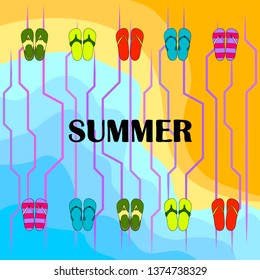 Vector set with cute and colorful summer slippers. Beach vacation. Vector background.