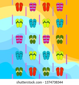 Vector set with cute and colorful summer slippers. Beach vacation. Vector background.