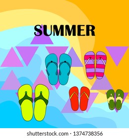 Vector set with cute and colorful summer slippers. Beach vacation. Vector background.