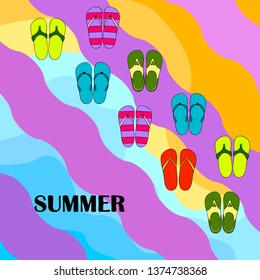 Vector set with cute and colorful summer slippers. Beach vacation. Vector background.