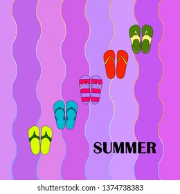 Vector set with cute and colorful summer slippers. Beach vacation. Vector background.