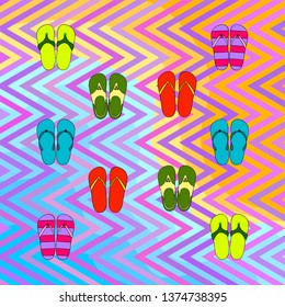 Vector set with cute and colorful summer slippers. Beach vacation. Vector background.