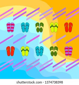 Vector set with cute and colorful summer slippers. Beach vacation. Vector background.