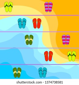 Vector set with cute and colorful summer slippers. Beach vacation. Vector background.