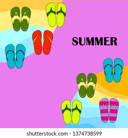 Vector set with cute and colorful summer slippers. Beach vacation. Vector background.
