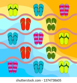 Vector set with cute and colorful summer slippers. Beach vacation. Vector background.