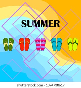 Vector set with cute and colorful summer slippers. Beach vacation. Vector background.