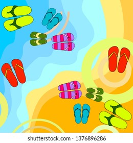 Vector set with cute and colorful summer slippers. Beach vacation. Vector background.