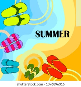 Vector set with cute and colorful summer slippers. Beach vacation. Vector background.