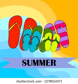 Vector set with cute and colorful summer slippers. Beach vacation. Vector background.