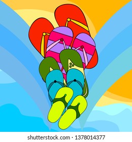 Vector set with cute and colorful summer slippers. Beach vacation. Vector background.