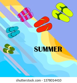 Vector set with cute and colorful summer slippers. Beach vacation. Vector background.