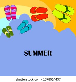 Vector set with cute and colorful summer slippers. Beach vacation. Vector background.