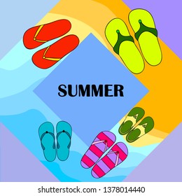 Vector set with cute and colorful summer slippers. Beach vacation. Vector background.