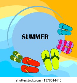 Vector set with cute and colorful summer slippers. Beach vacation. Vector background.