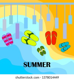 Vector set with cute and colorful summer slippers. Beach vacation. Vector background.