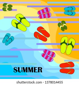 Vector set with cute and colorful summer slippers. Beach vacation. Vector background.