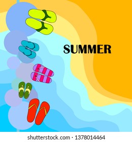 Vector set with cute and colorful summer slippers. Beach vacation. Vector background.