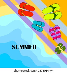 Vector set with cute and colorful summer slippers. Beach vacation. Vector background.