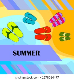 Vector set with cute and colorful summer slippers. Beach vacation. Vector background.