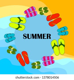 Vector set with cute and colorful summer slippers. Beach vacation. Vector background.