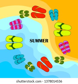 Vector set with cute and colorful summer slippers. Beach vacation. Vector background.