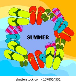 Vector set with cute and colorful summer slippers. Beach vacation. Vector background.