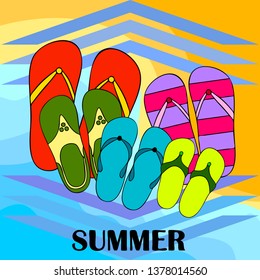 Vector set with cute and colorful summer slippers. Beach vacation. Vector background.