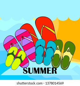Vector set with cute and colorful summer slippers. Beach vacation. Vector background.