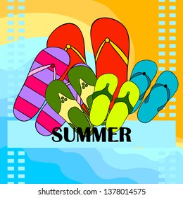 Vector set with cute and colorful summer slippers. Beach vacation. Vector background.