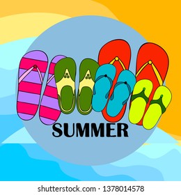 Vector set with cute and colorful summer slippers. Beach vacation. Vector background.
