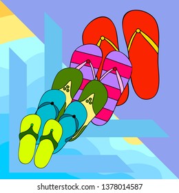 Vector set with cute and colorful summer slippers. Beach vacation. Vector background.
