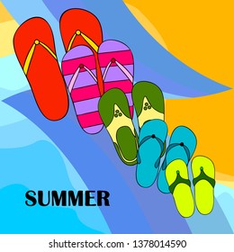 Vector set with cute and colorful summer slippers. Beach vacation. Vector background.