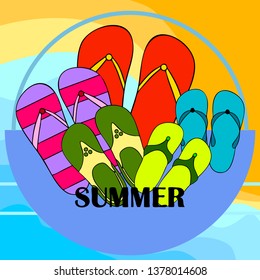 Vector set with cute and colorful summer slippers. Beach vacation. Vector background.
